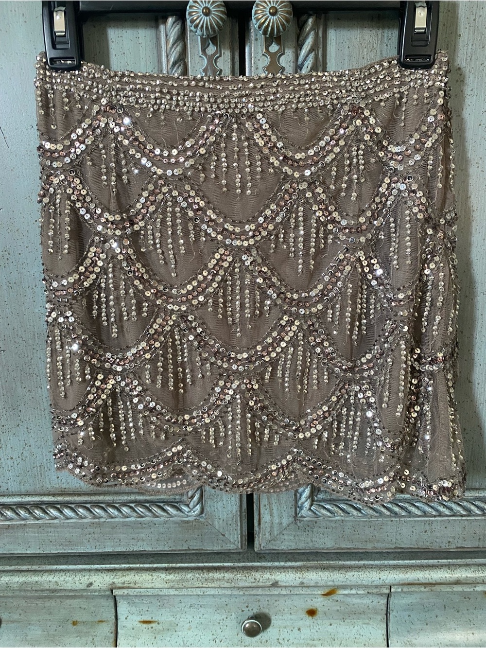 Arden B Taupe Sequin Fringe Mini Skirt